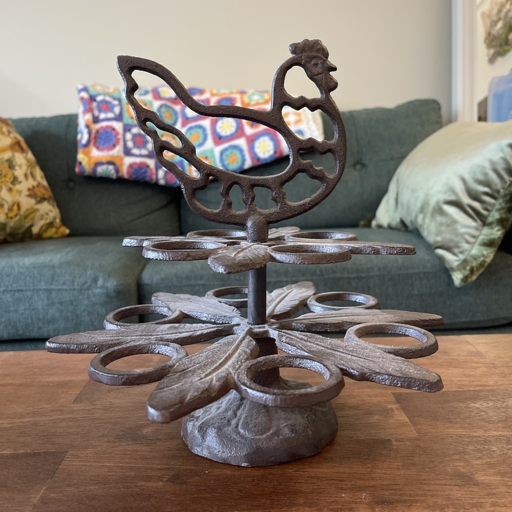 Vtg‎ Cast Iron Rooster Chicken Egg Holder Stand Farmhouse Kitchen Decor